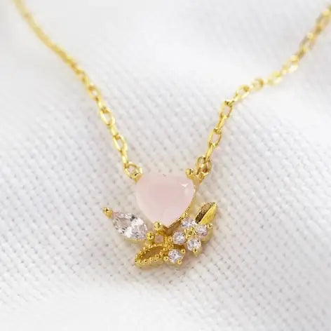 Pink Crystal Heart Pendant Necklace in Gold