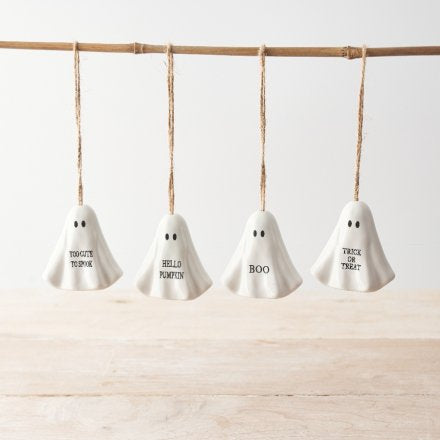 White hanging solid ceramic ghost decoration with choice of 3 slogans