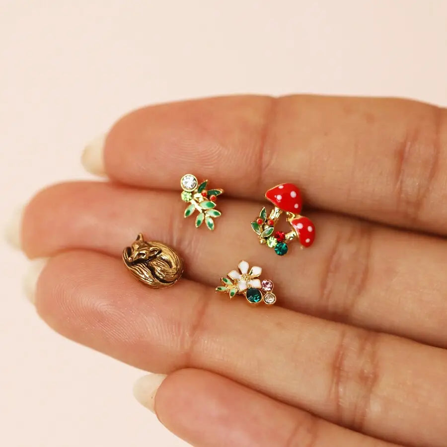 Set of Four Enamel Woodland Stud Earrings in Gold