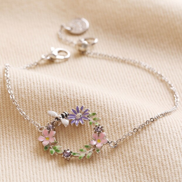 Crystal Flower and Enamel Bee Bracelet - silver