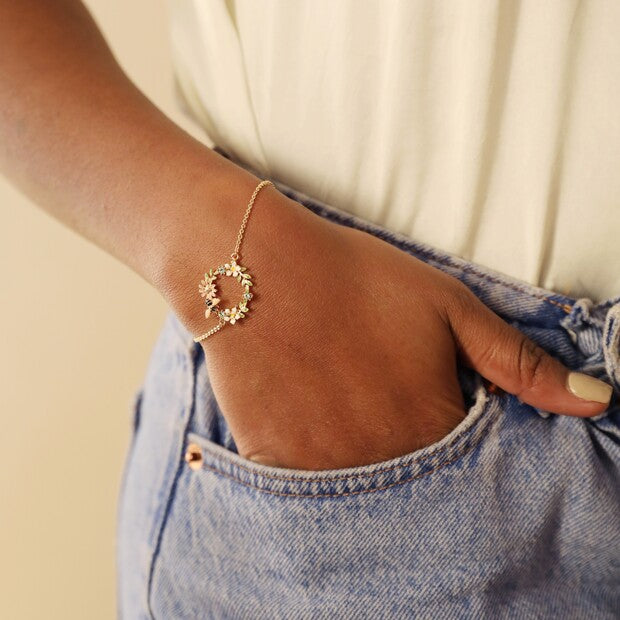 Crystal Flower and Enamel Bee Bracelet - silver