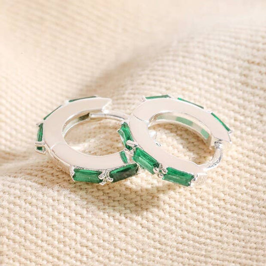 Lisa Angel - Green Baguette Crystal Huggie Hoop Earrings in Silver