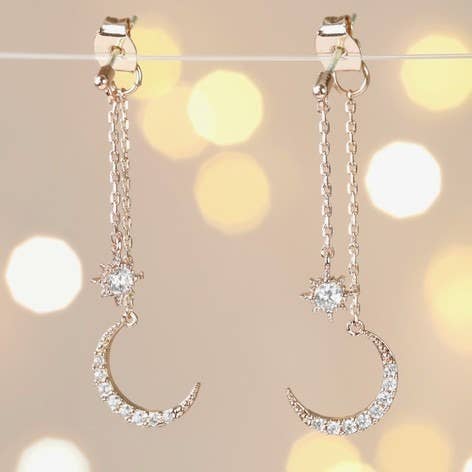 Lisa Angel - Sparkly Star And Moon Dangly Earrings In Rose Gold