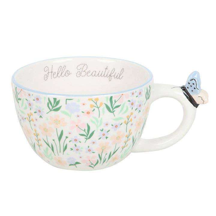 Hello Beautiful Ditsy Floral Print Mug with Butterfly -birthday gift, mothers day gift